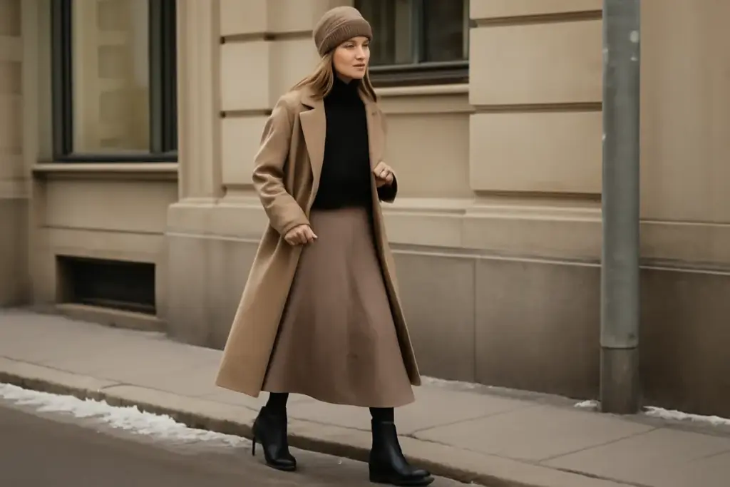 Gonna midi in inverno: il segreto per non sentirsi goffe con stivaletti bassi