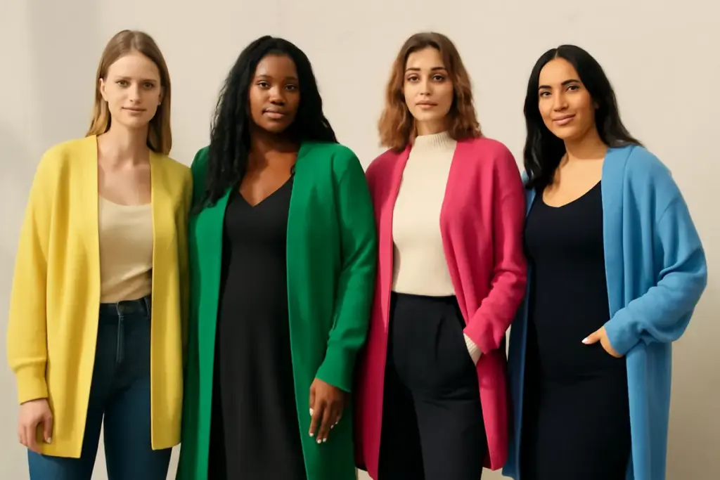 Maxi cardigan colorati: come devono essere indossati per valorizzare tutte le silhouette